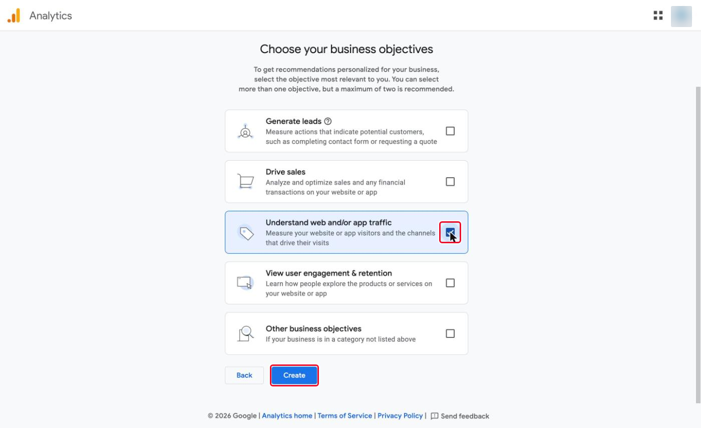 Choosing a business objective and the "Create" button on the business objectives step