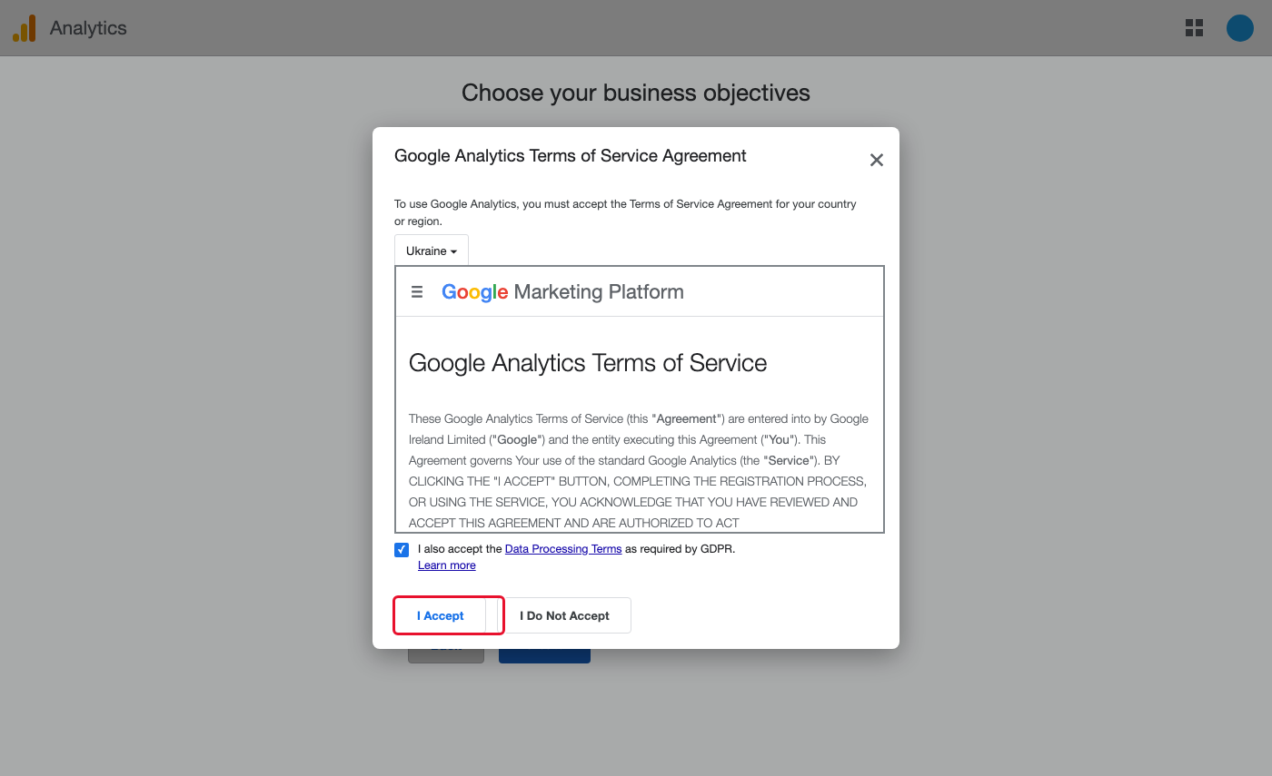 The Google Analytics Terms of Service window with the "I Accept" button