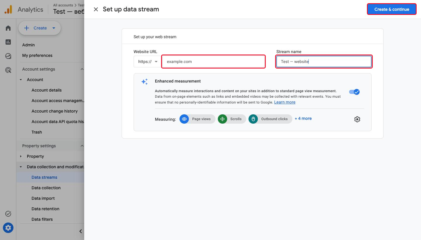 The web stream form with the "Website URL" and "Stream name" fields