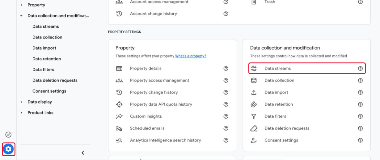 The Admin gear icon and the "Data streams" item in the "Data collection and modification" block