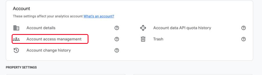 The "Account access management" item in the "Account" block