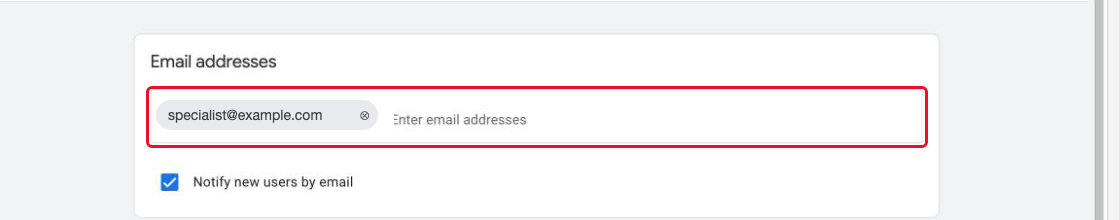 The "Email addresses" field with the specialist address specialist@example.com