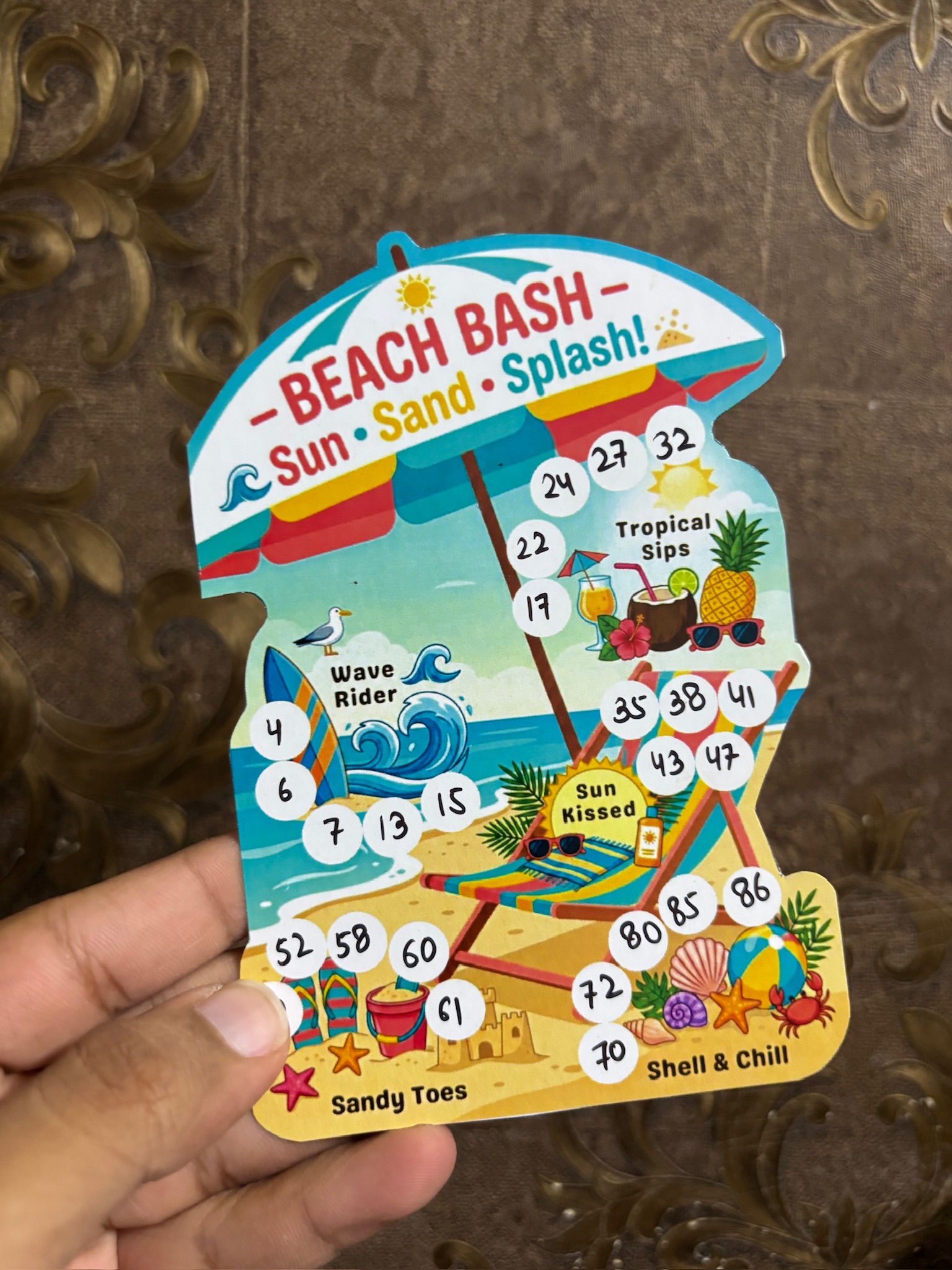 Beach Bash Tambola Ticket – Summer Beach Theme Housie Game DC016 | Tropical Bingo Game Cards | Party Game for Women, Family & Travel Lovers