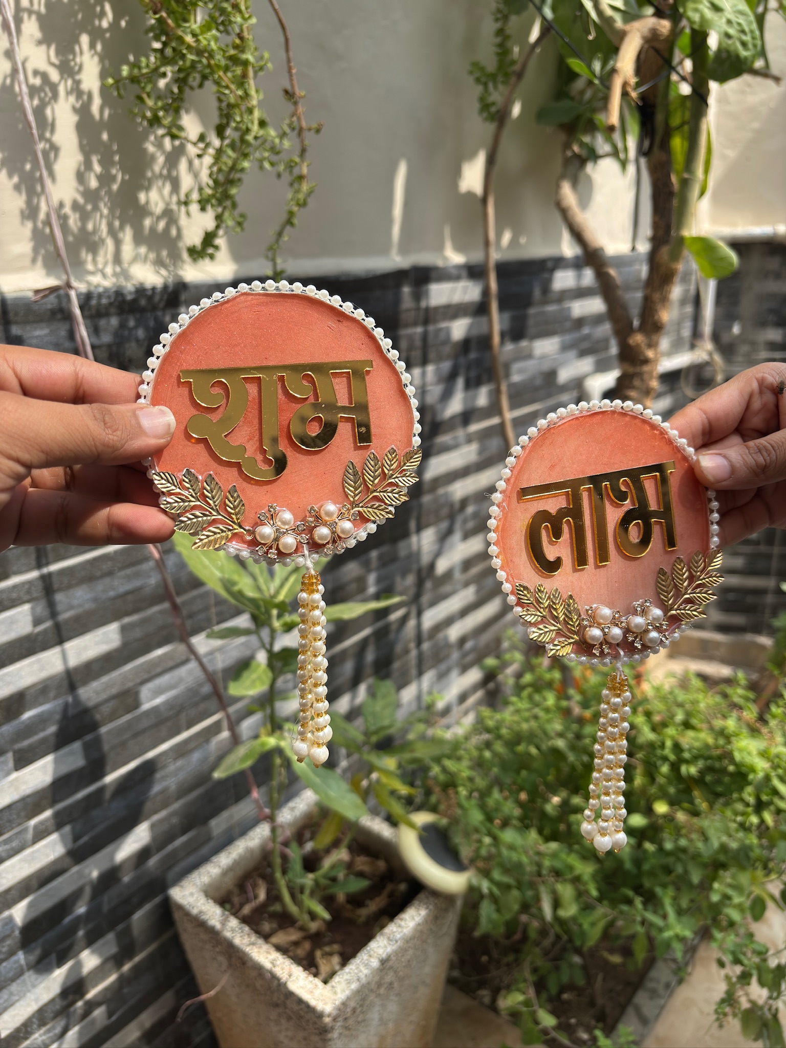 Shubh Labh Wall Hanging Decor 4 in – Handmade Festive Door Hanging with Pearl Beads & Golden Leaf Embellishments