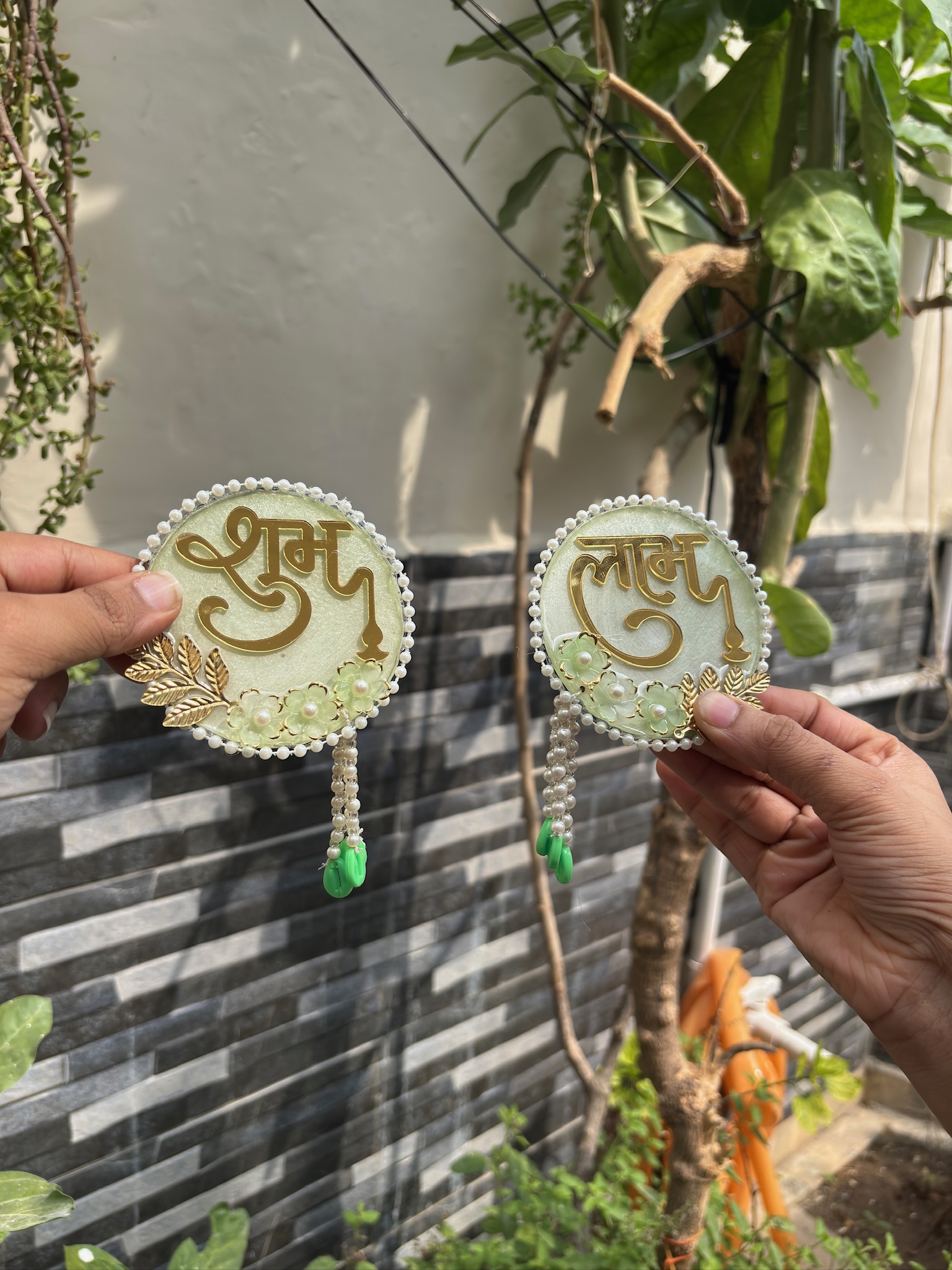 Shubh Labh Wall Hanging Decor 3 in – Handmade Festive Door Hanging with Pearl Beads & Golden Leaf Embellishments