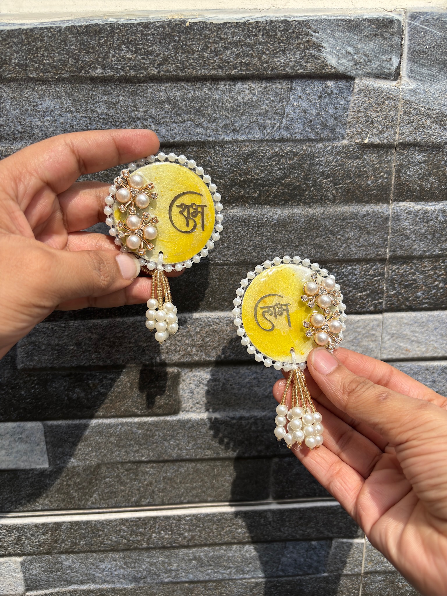 Shubh Labh Wall Hanging Decor 2 in – Handmade Festive Door Hanging with Pearl Beads & Golden Leaf Embellishments