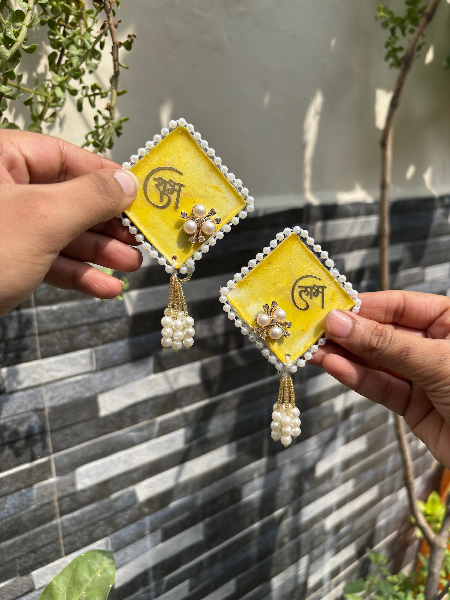 Shubh Labh Wall Hanging Set of 2 – Yellow Diamond Design with Pearl Tassels | Durva Creation