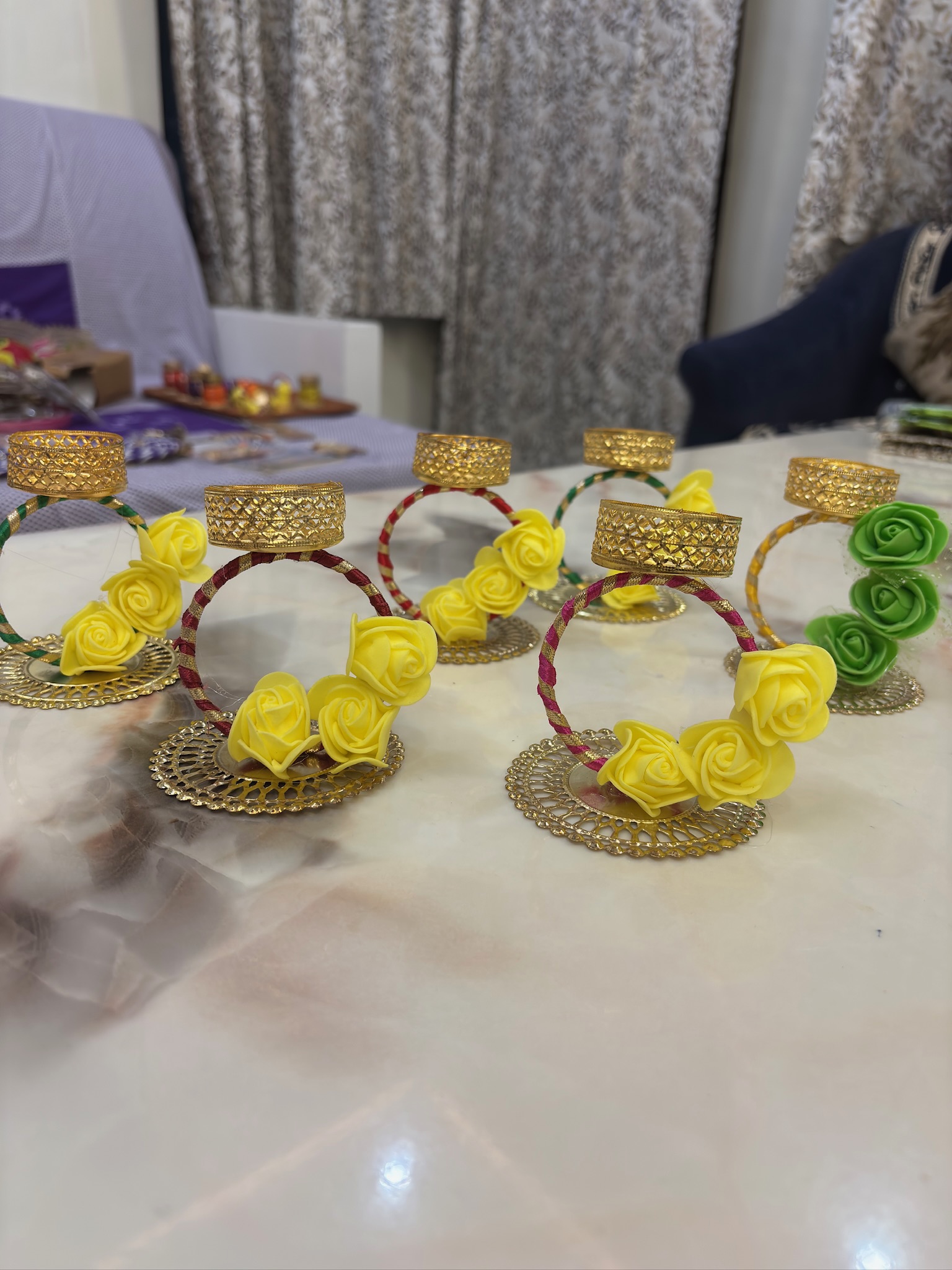 Decorative Tealight Candle Holders Set – Golden Metal Stand with Yellow & Green Rose Flowers | Durva Creation