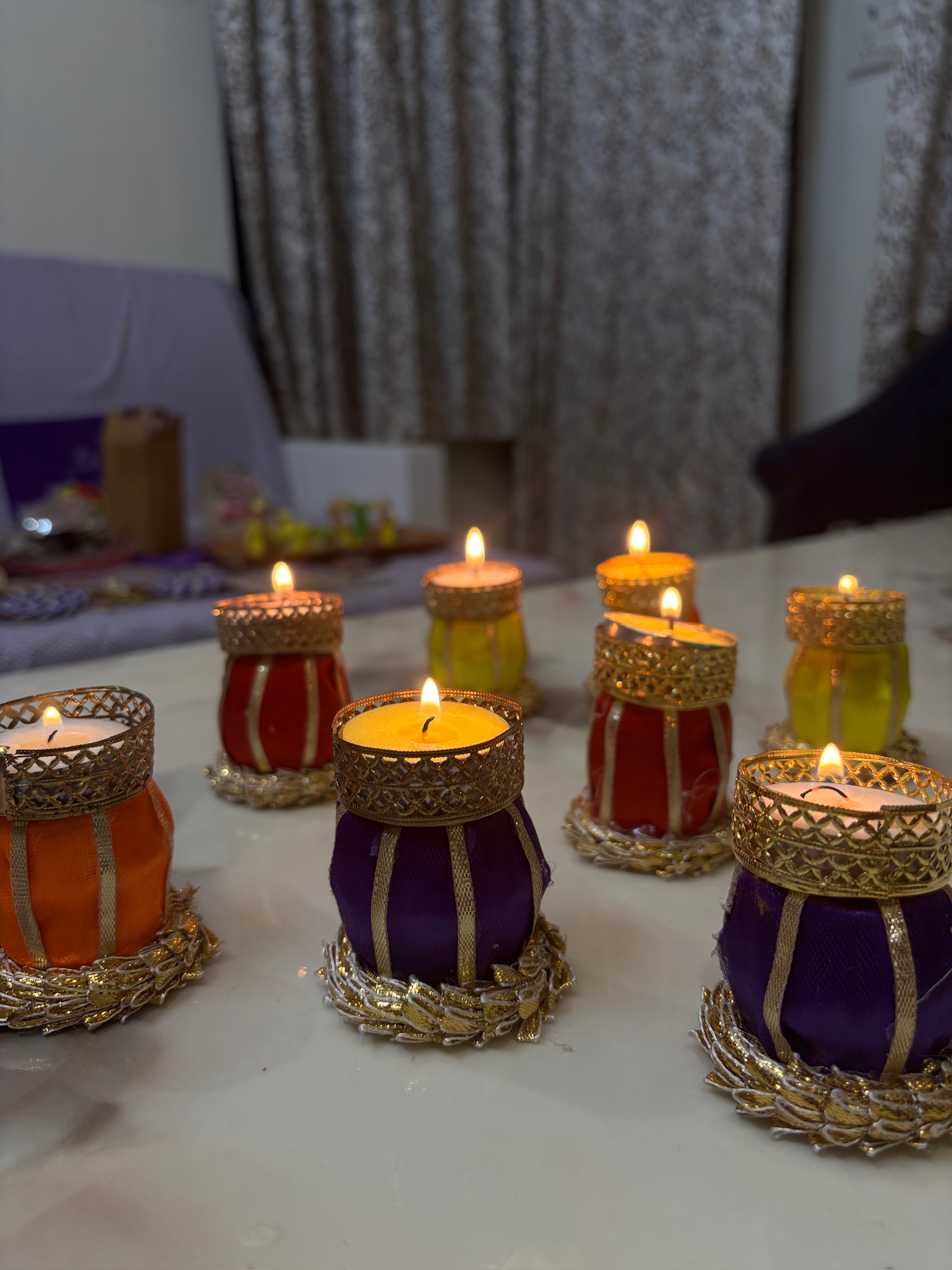 Decorative Fabric Tealight Candle Holders Set – Multicolour Pot-Shaped Diya Stands with Golden Embellishments | Durva Creation