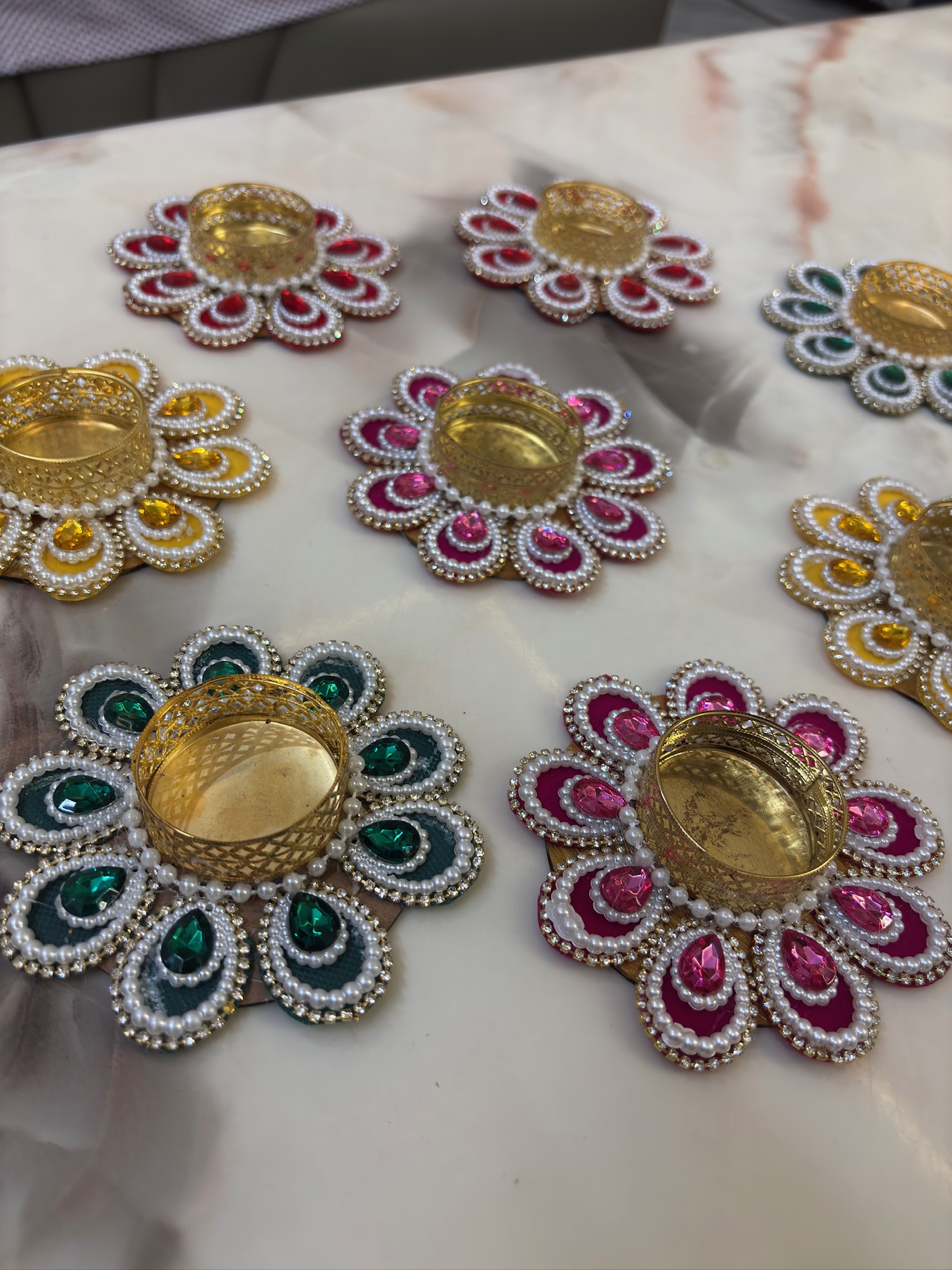 Decorative Floral Tealight Holder – Multicolour Pearl & Rhinestone Embellished Golden Candle Stand | Durva Creation