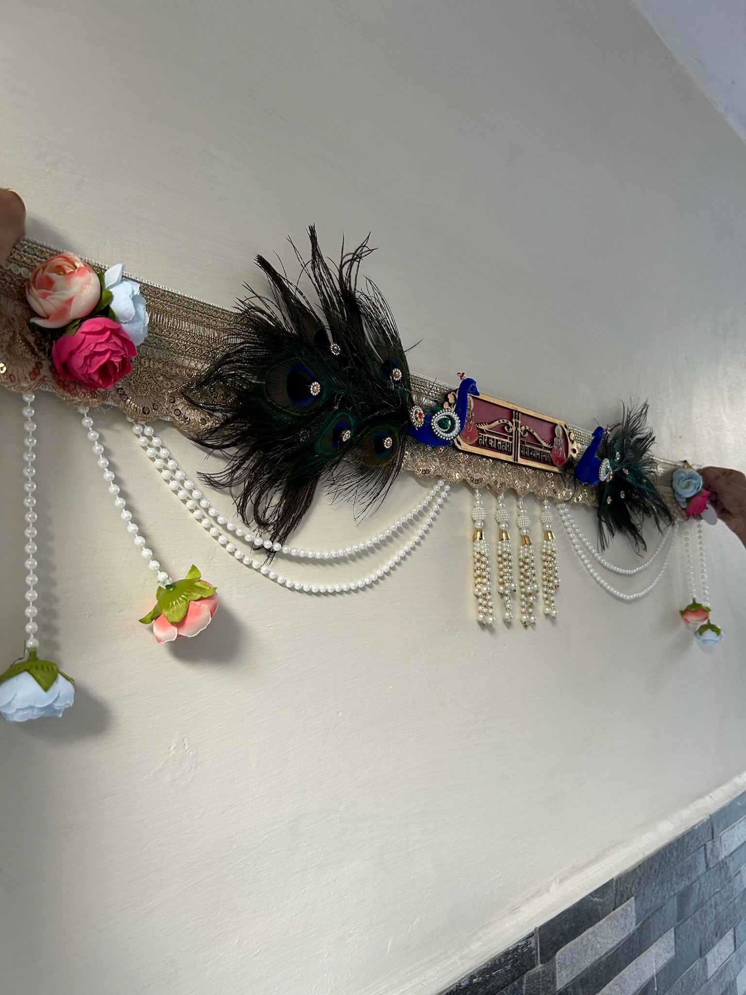 Handmade Peacock Feather Toran with Shubh Labh, Pearl Hangings & Floral Decor | Durva Creation