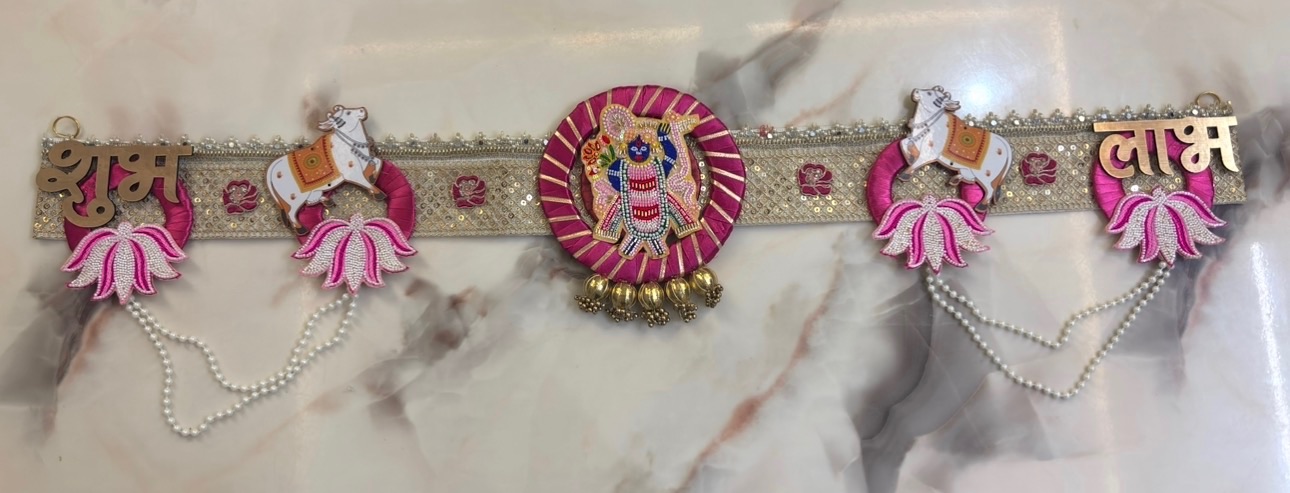 Shubh Labh Laddu Gopal Toran for Main Door – Pink & Gold Temple Hanging with Pearl Swags | Durva Creation
