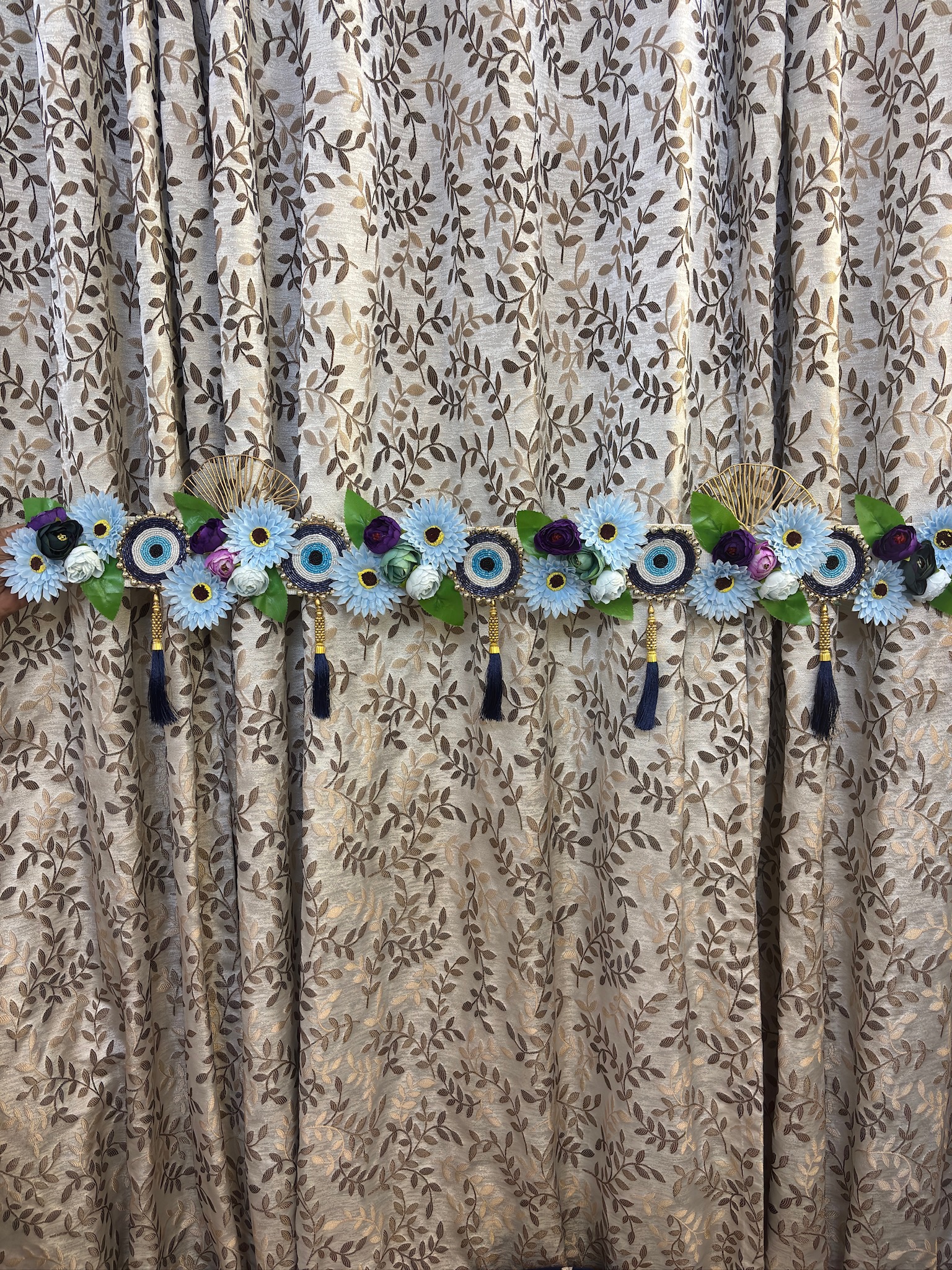 Blue Floral Toran for Main Door – Artificial Flowers, Decorative Evil Eye Charms & Navy Blue Tassels | Durva Creation