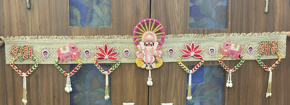 Ganesh Ji Shubh Labh Toran for Main Door – Pink & Gold Festive Hanging with Elephant and Lotus Motifs | Durva Creation