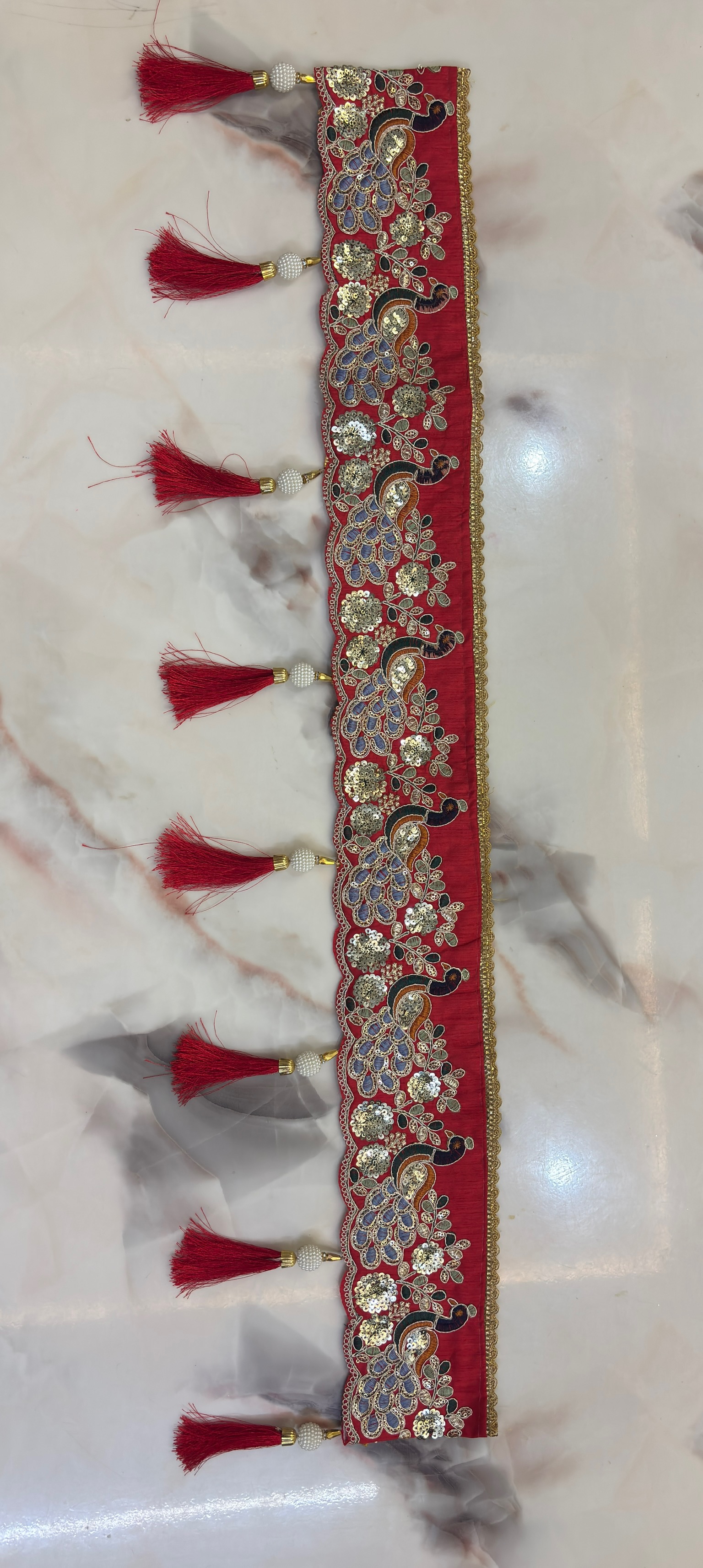 Maroon Peacock Toran for Main Door – Embroidered Peacock Design with Golden Work & Tassel Hangings | Durva Creation