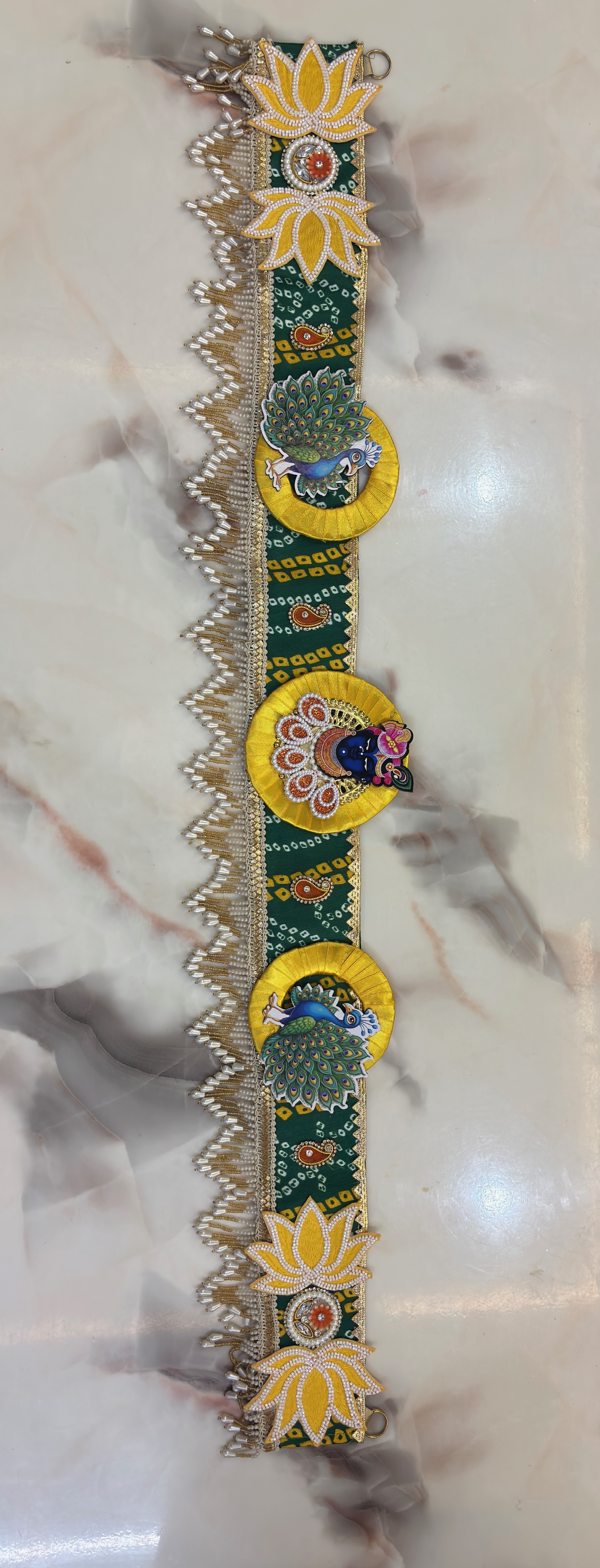 Dark Green Peacock & Laddu Gopal Toran for Main Door – Yellow Lotus Design with Golden Bead Fringe | Durva Creation