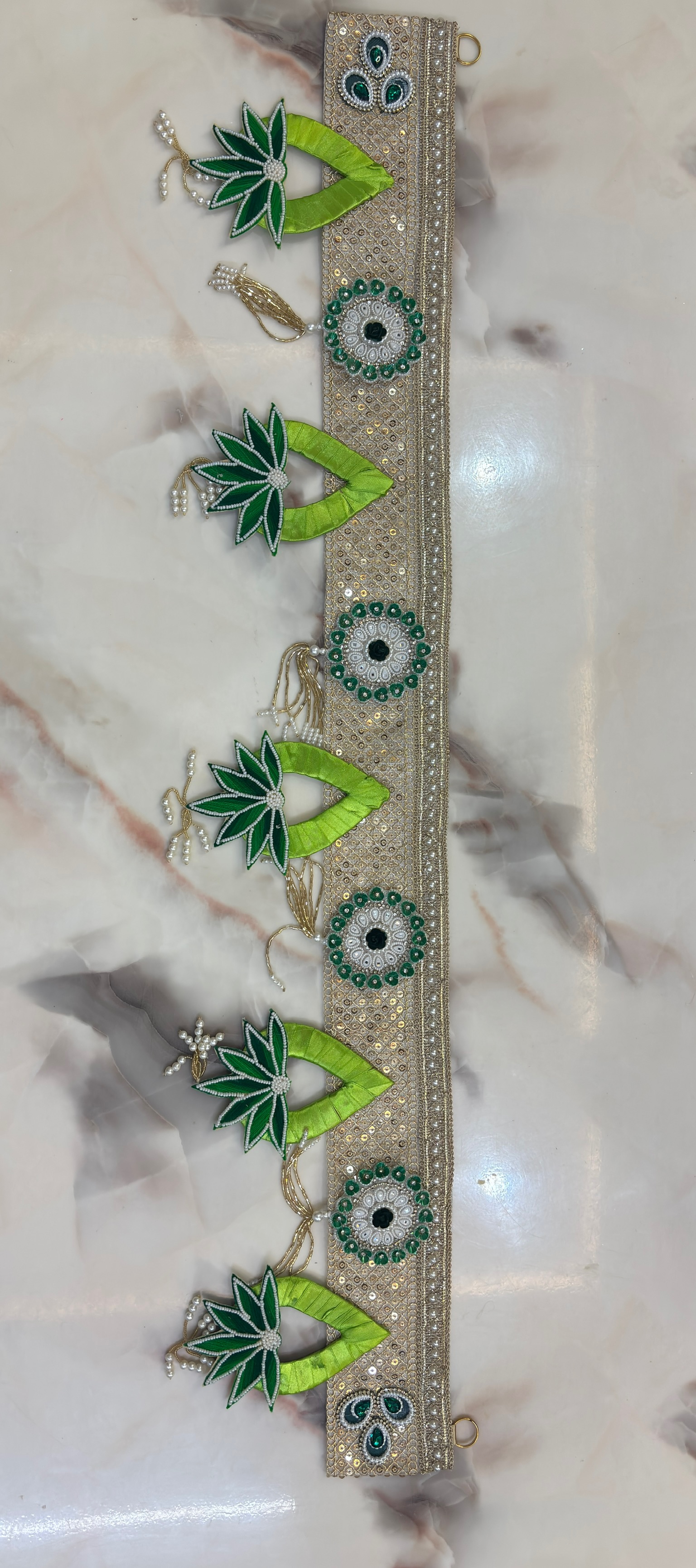 Green Lotus Toran for Main Door – Golden Embellished Fabric Hanging with Pearl Details | Durva Creation