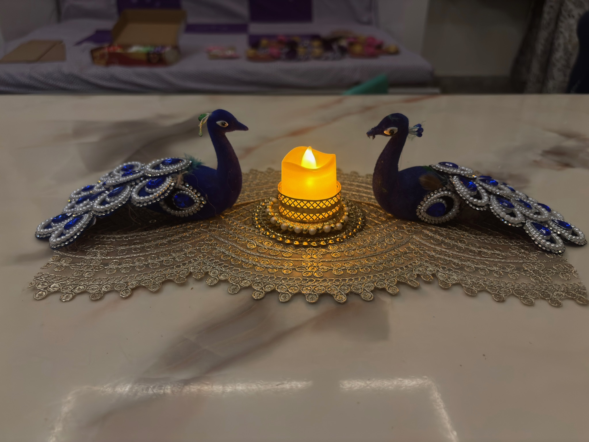 Peacock Tealight Candle Holder – Pair of Decorative Peacock Figurines with Blue Stone Feathers & Golden Lace Base | Durva Creation