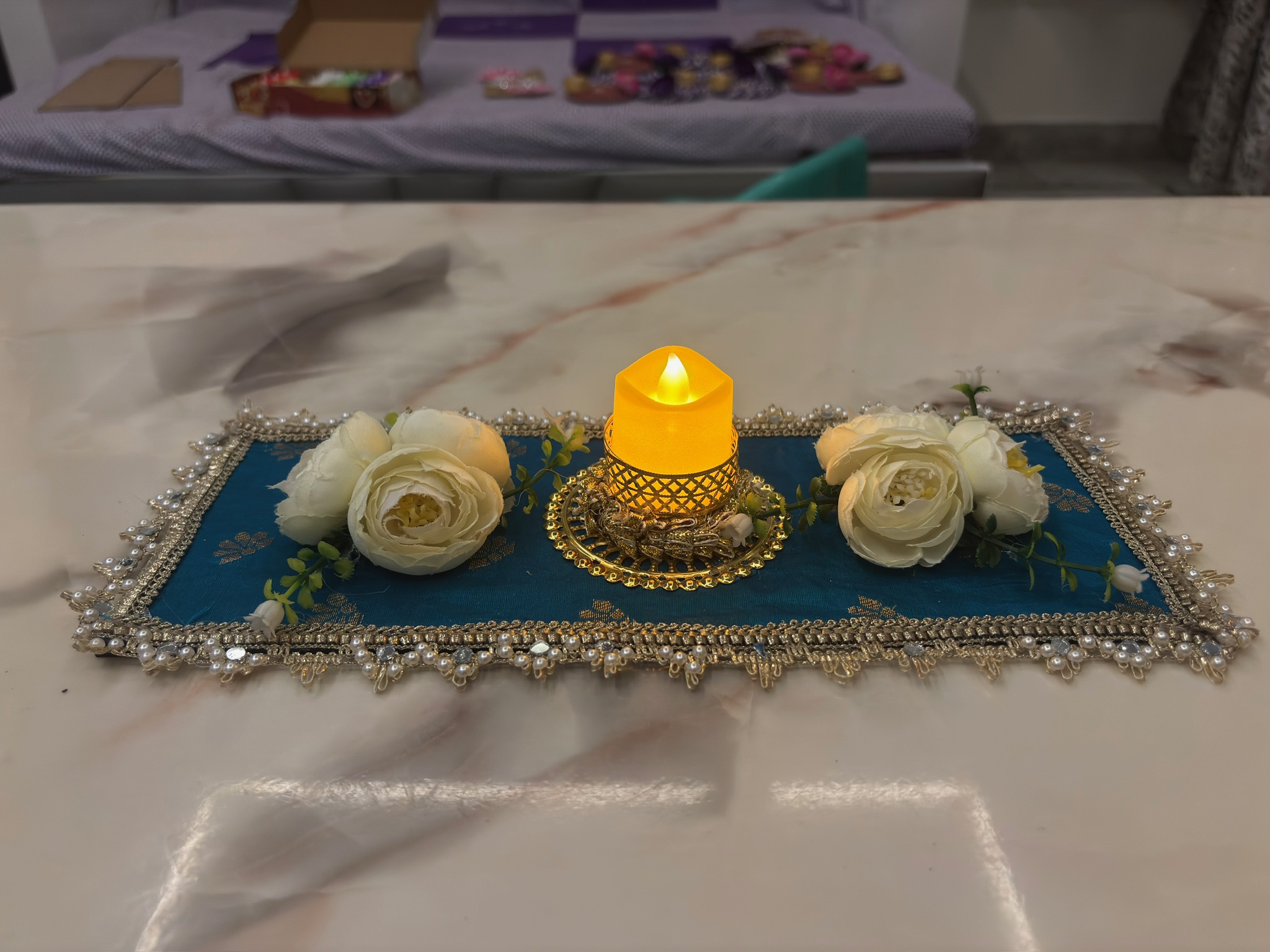 Blue Floral Tealight Candle Holder – White Rose Table Decor with Golden Pearl Embellishments | Durva Creation