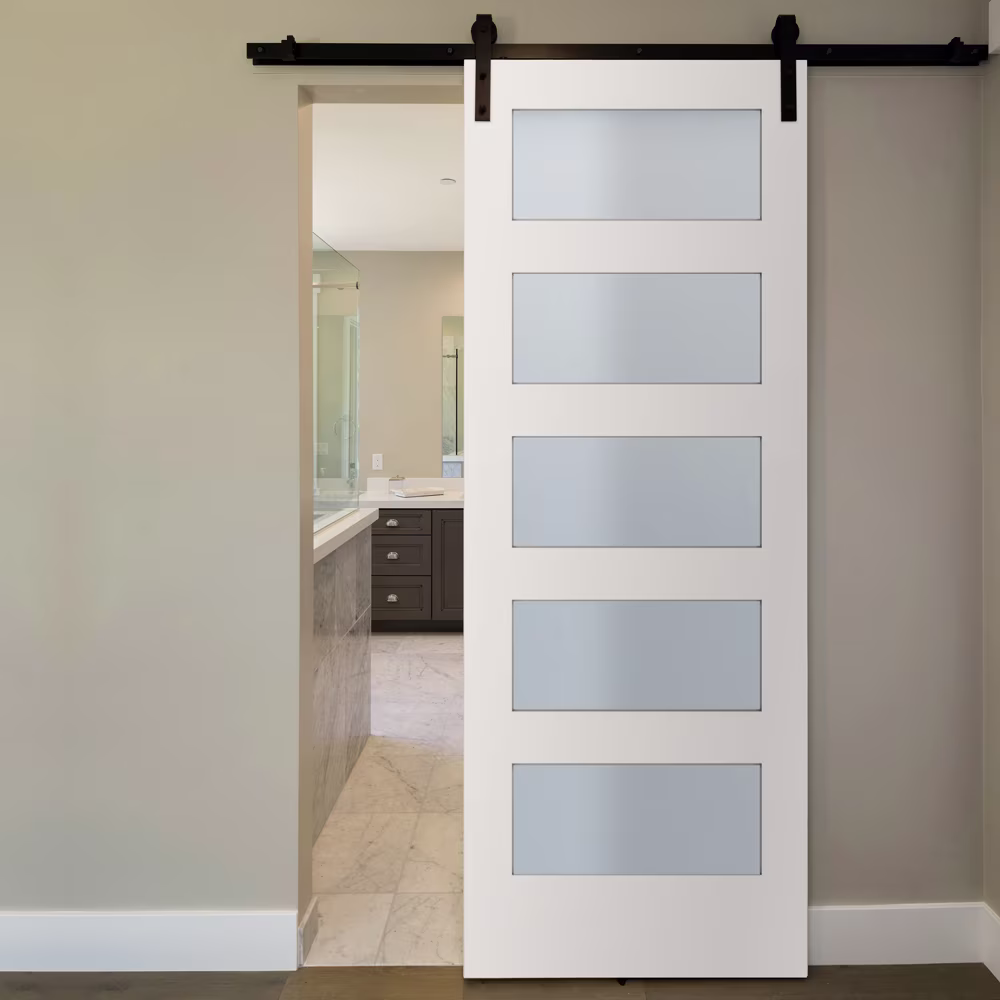 Image of a 5-lite white barn door with fogged glass