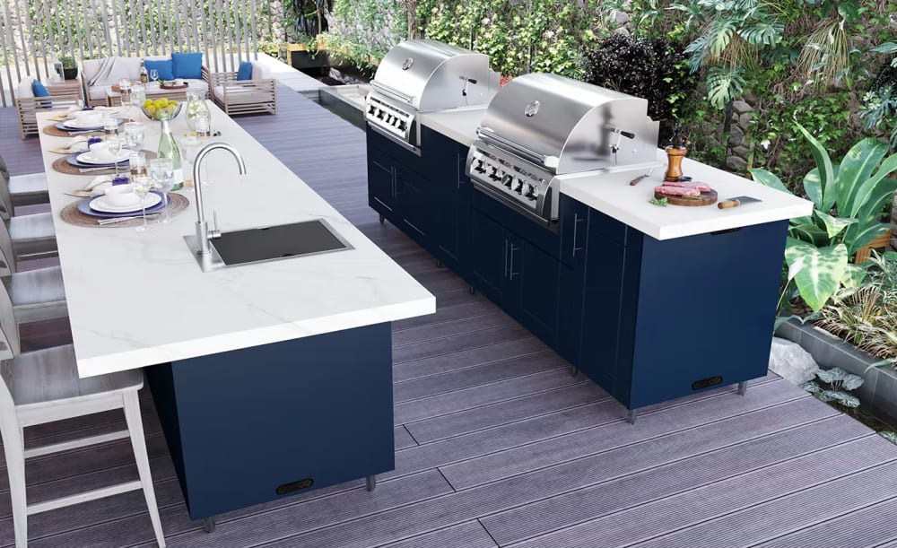 WeatherStrong Sanibel outdoor kitchen cabinets in Sapphire Blue