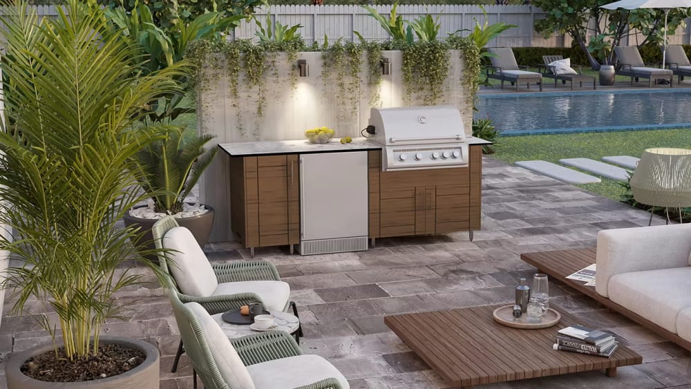 WeatherStrong Sanibel outdoor kitchen cabinets in Teak