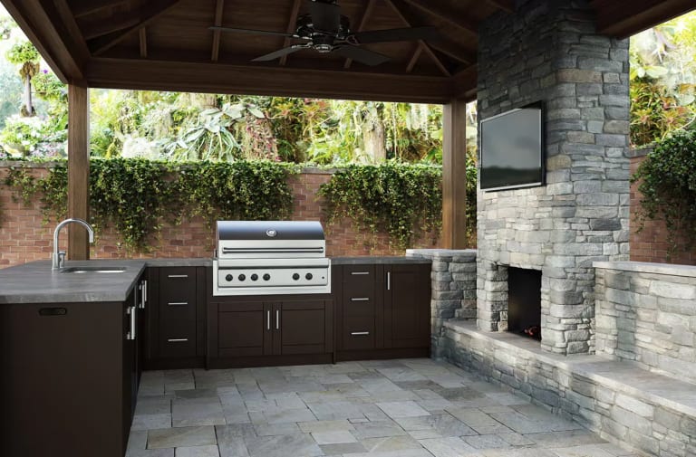 WeatherStrong Sanibel outdoor kitchen cabinets in Dock Brown