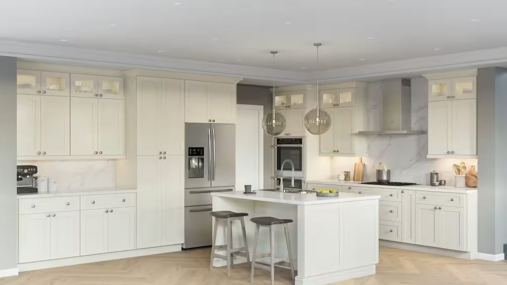 Camille Warm White Shaker kitchen cabinets in a modern kitchen