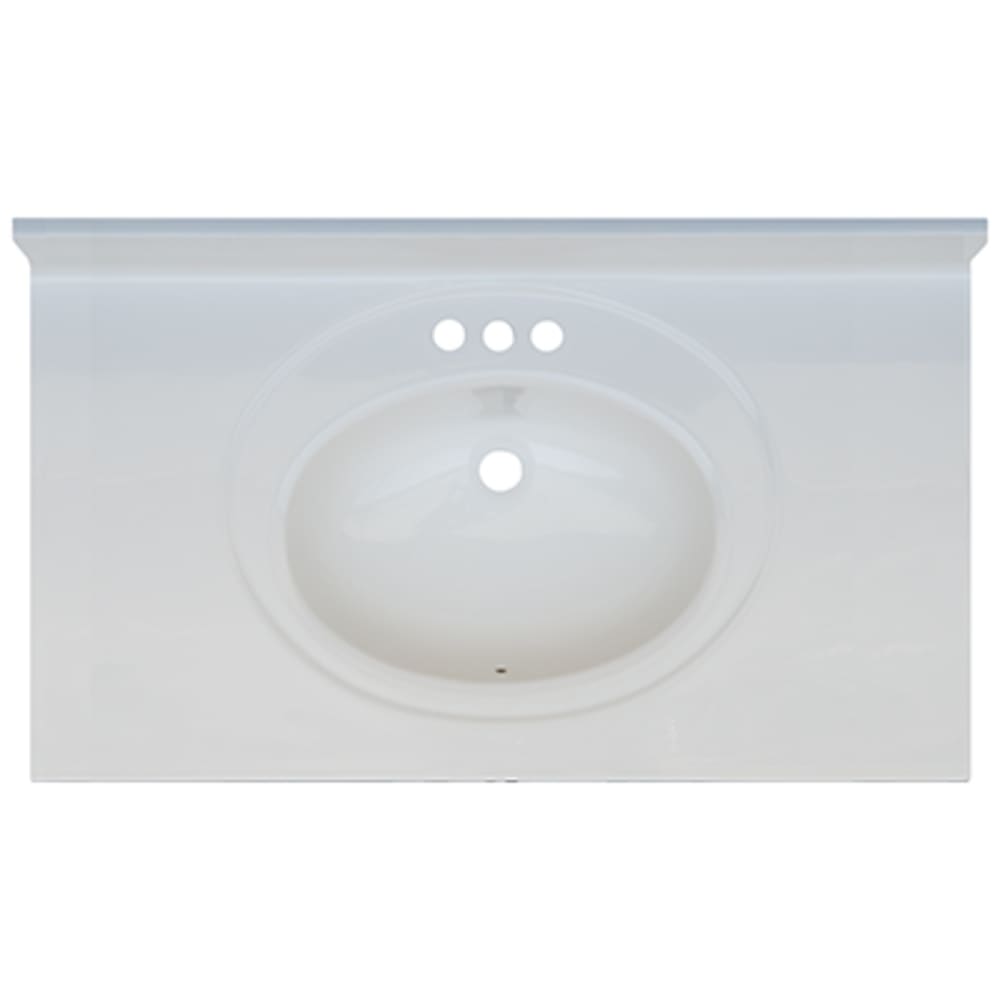 Seamless bowl construction, attached seamless backsplash. Oval Bowl w/ radius edge. 4" oc faucet holes compatible with most standard 5020694 Solid White 37x22 Engineered Stone Vanity Top