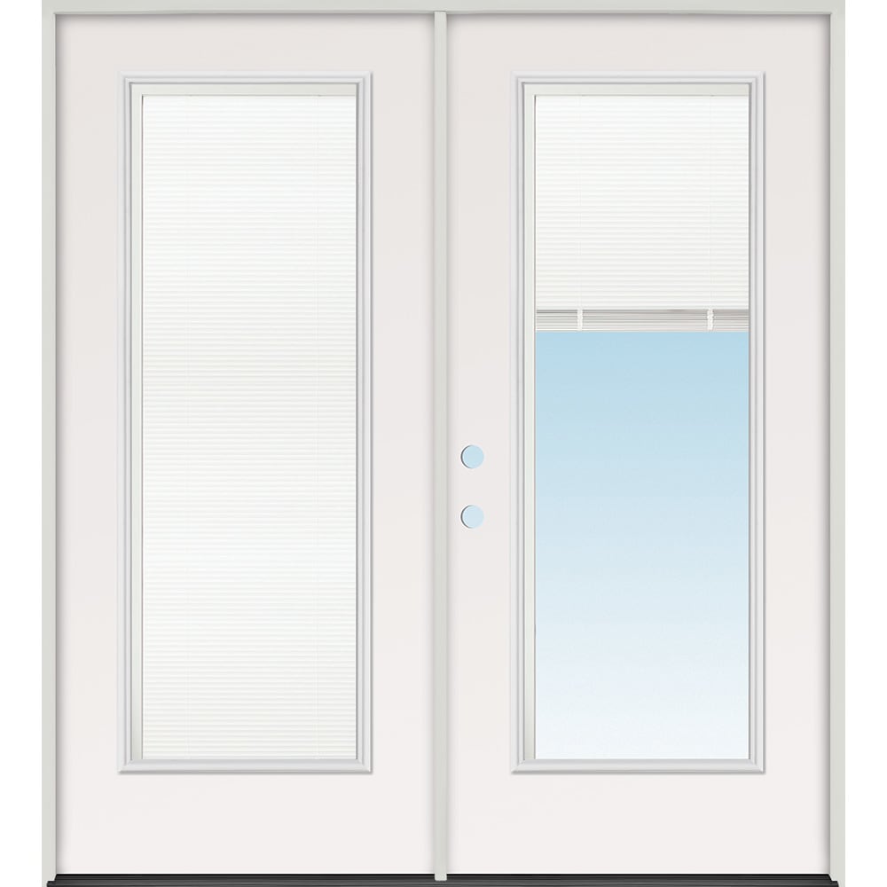 Both sides open. Energy efficient insulated exterior double door unit. Completely assembled in primed wood frame, with full 45320108 72 Mini Blind Prehung Exterior Steel Double Door Unit Right Hand