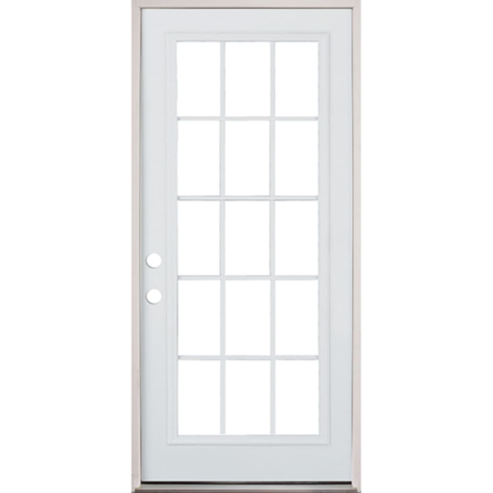 Energy efficient insulated exterior door unit. Completely assembled in primed wood frame with full weatherstripping and fixed sill. 45320083 36 15 Lite Prehung Exterior Steel Door Unit Right Hand