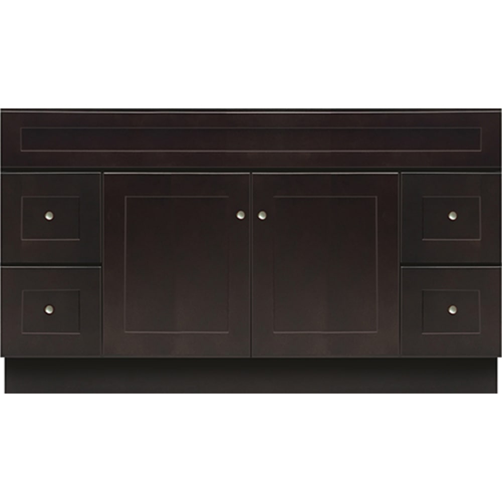 Beautiful Espresso Stain Finish. Plywood sides and back, 3/4" cabinet face frame. Shaker style doors and drawers. All wood contruction. 5024989 MOCHA ESPRESSO 60X21 VANITY BASE w DRAWERS