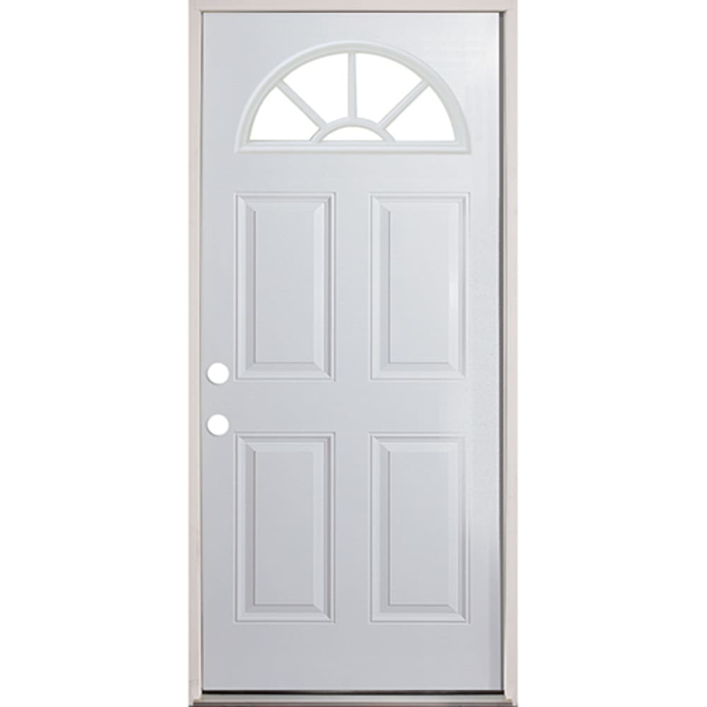 Energy efficient insulated exterior door unit. Completely assembled in primed wood frame with full weatherstripping and fixed sill. 45320079 36 Fan Lite Prehung Exterior Steel Door Unit Right Hand