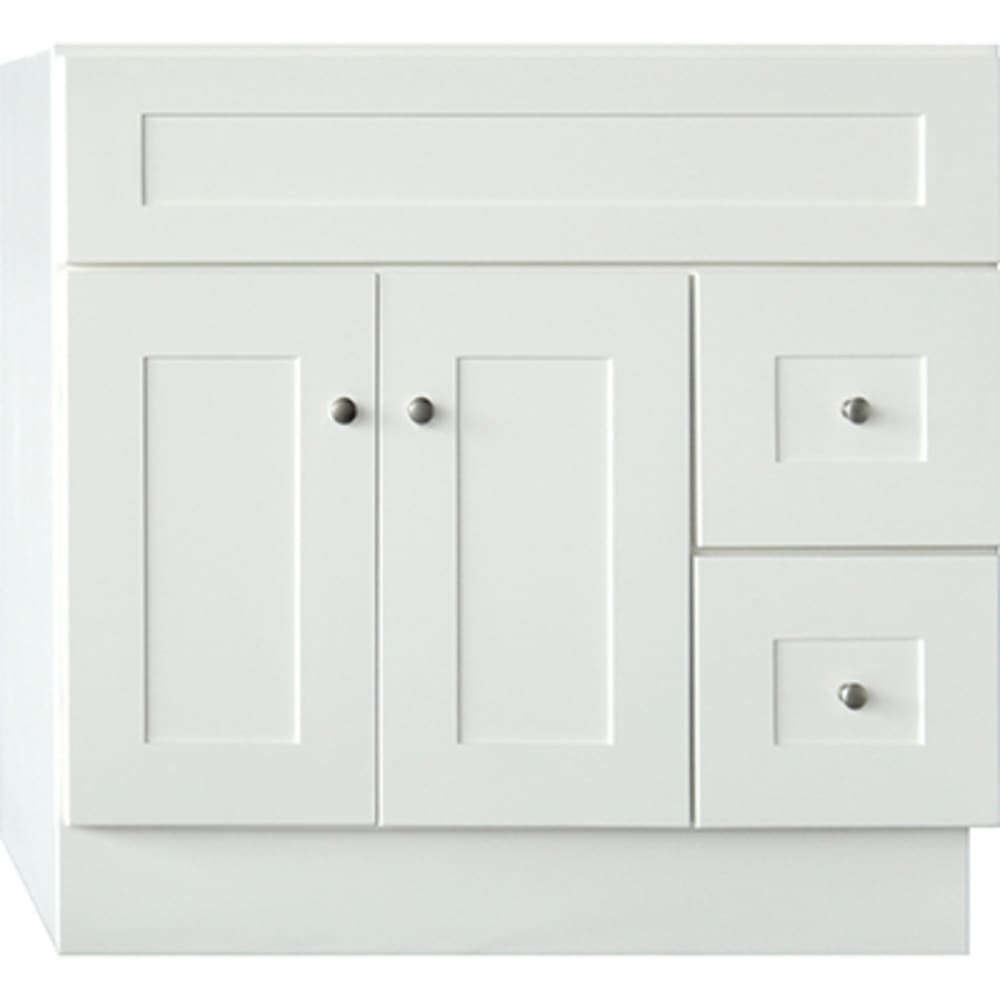 Beautiful linen white finish. 1/2" plywood sides and back with 3/4" cabinet face frame. Shaker style doors and drawers with concealed 5024079 Linen White 36X21 Shaker Style 2 Door 2 Drawer Vanity Base