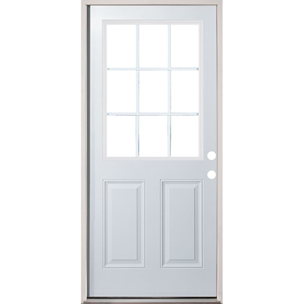 Insulated glass insert with external grids; 22" x 36". Energy efficient insulated exterior door unit. Completely assembled in 45320134 32 9 Lite Prehung Exterior Fiberglass Door Unit Left Hand