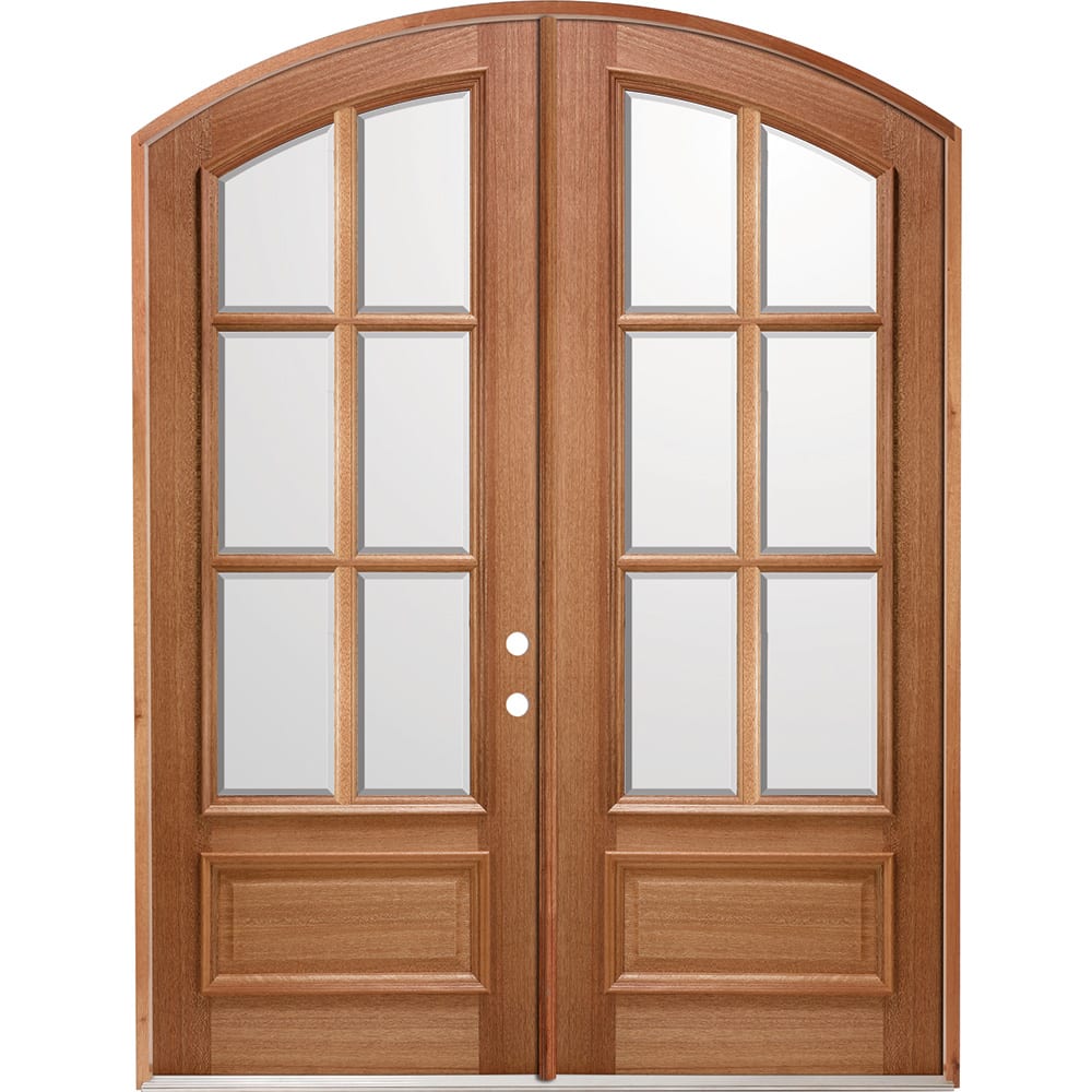 Double door unit both doors open Ready to install Genuine mahogany construction 4 9 16 mahogany frame Insulated beveled glass 4526166 Doors, Door Units Exterior