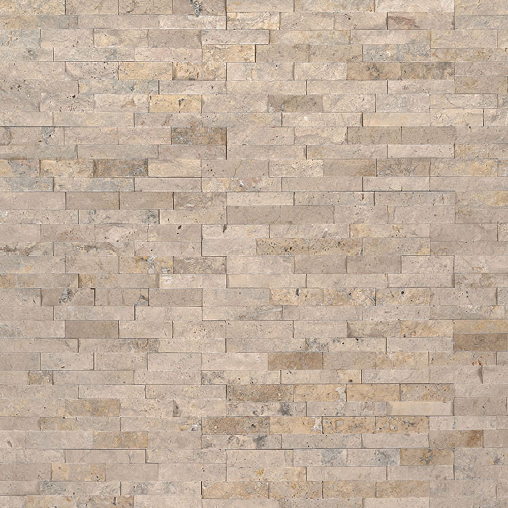 Stik Wall-Tile's Roman Beige Splitface Peel and Stick self-adhesive backsplash tiles feature warm honey, beige, and cream tones that swirl 5536084 STIK Wall Tile Roman Beige Splitface Mosaic Tile