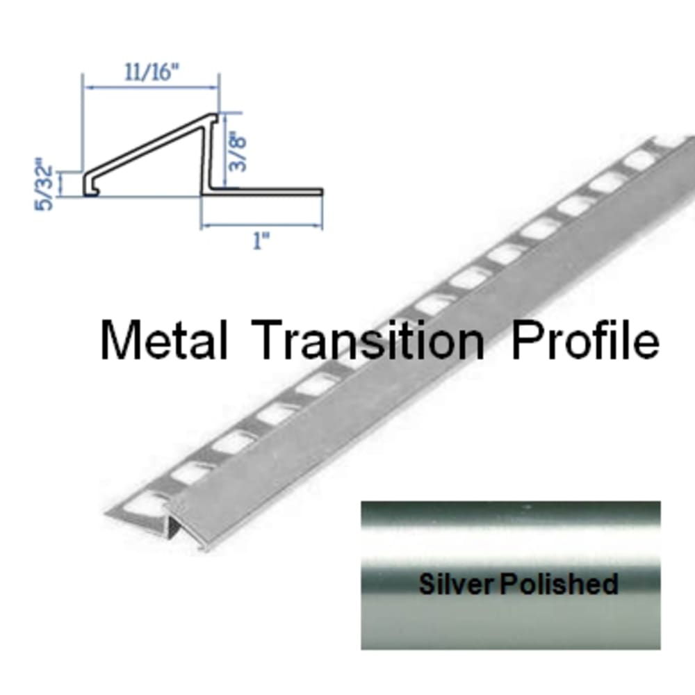 Universal tile reducer for smooth transition from tile to floors of lower heights. 5552837 HomeLux Metal Reducer Flooring Trim