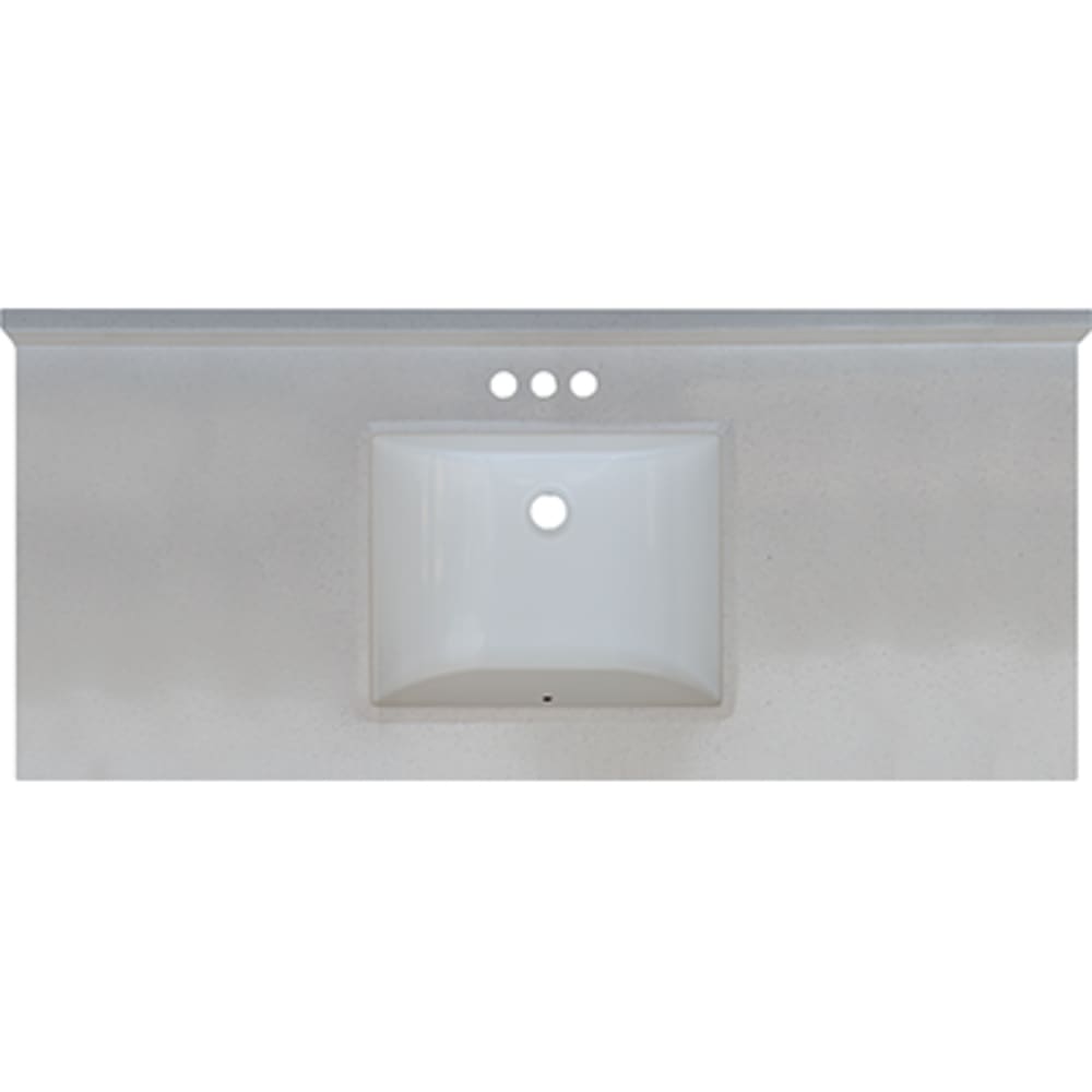 Seamless bowl construction, attached seamless backsplash. Rectangular "Wave" Bowl w/ radius edge. 4" oc faucet holes compatible with most 5020713 Snow Drift 49x22 Engineered Stone Granite Finish Vanity Top