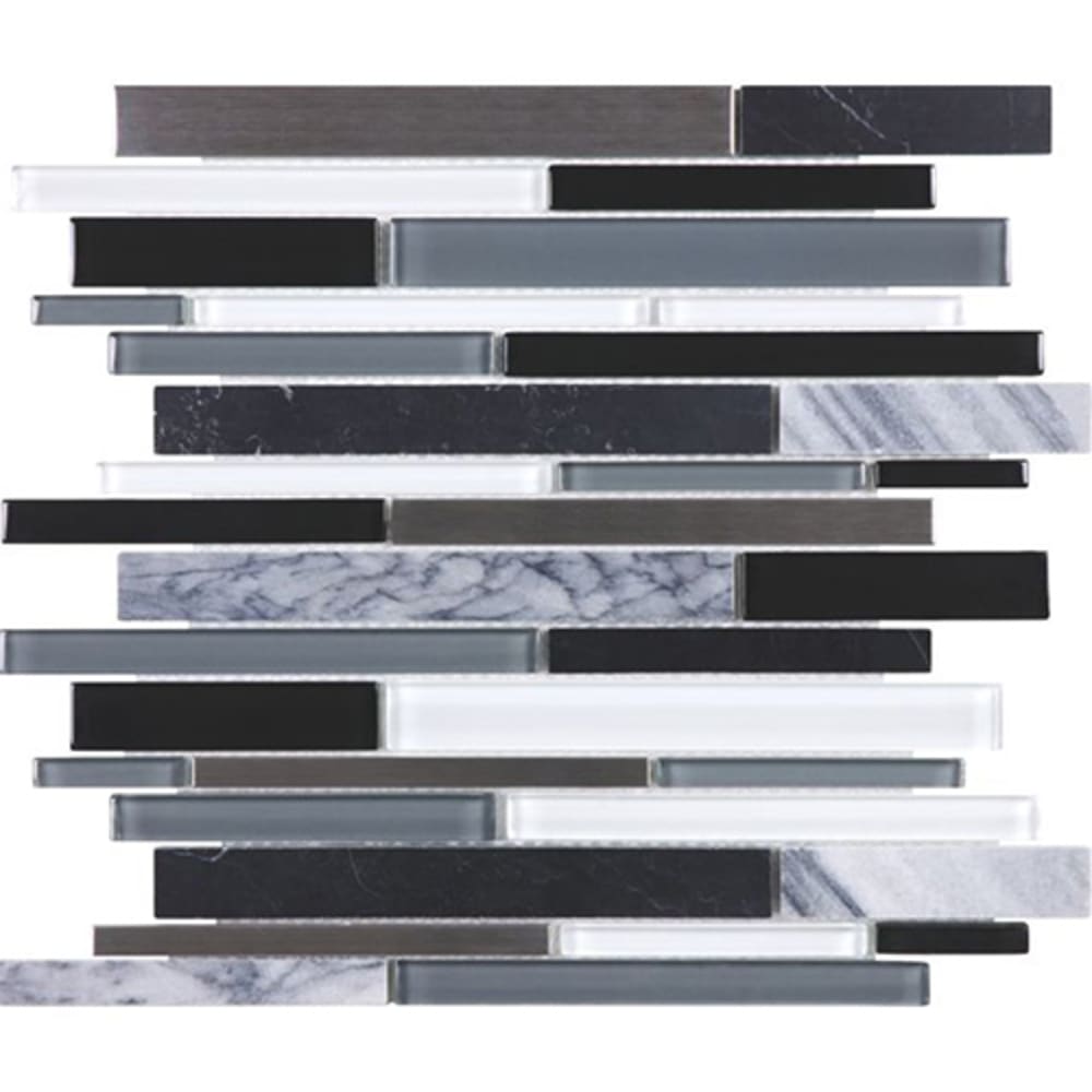 Contemporary Marble, glass, stainless blend mosaic tile. 5536600 Cool Carbon Random Strip Mosiac Tile