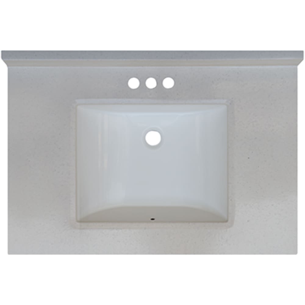Seamless bowl construction, attached seamless backsplash. Oval Bowl w/ radius edge. 4" oc faucet holes compatible with most standard 5020711 Snow Drift 31x22 Engineered Stone Granite Finish Vanity Top