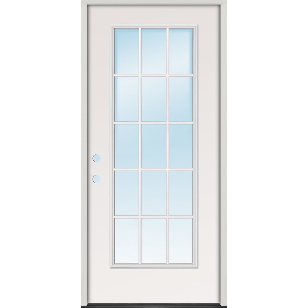 Energy efficient insulated exterior door unit. Completely assembled in primed wood frame with full weatherstripping and fixed sill. 45320081 32 15 Lite Prehung Exterior Steel Door Unit Right Hand