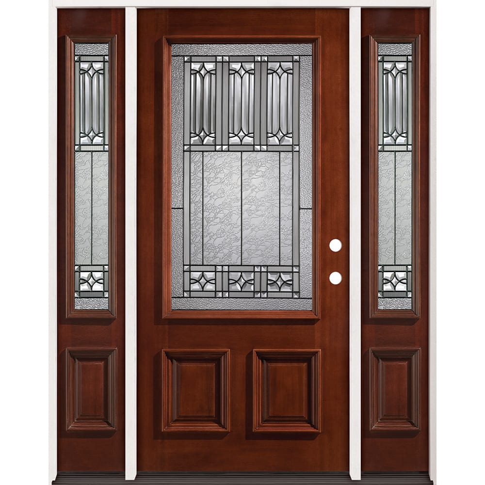 3/4 Lite Pre-finished 36" Mahogany Wood Door Unit with 12" Sidelites
Prehung in 4-9/16" primed jambs and includes frame, hinges, 4526304 PREFINISHED MAHOGANY GLASS BLACK CAMING W SIDES LEFT HAND