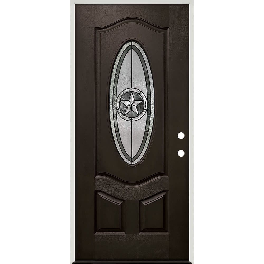 Oval Insulated Glass Insert And Decorative Patina (Black)Caming Pattern; Left Hand. Ready to install. Completely assembled with 4-9/16" 45320039 36 Prefinished Prehung Fiberglass Exterior Door Unit Left Hand