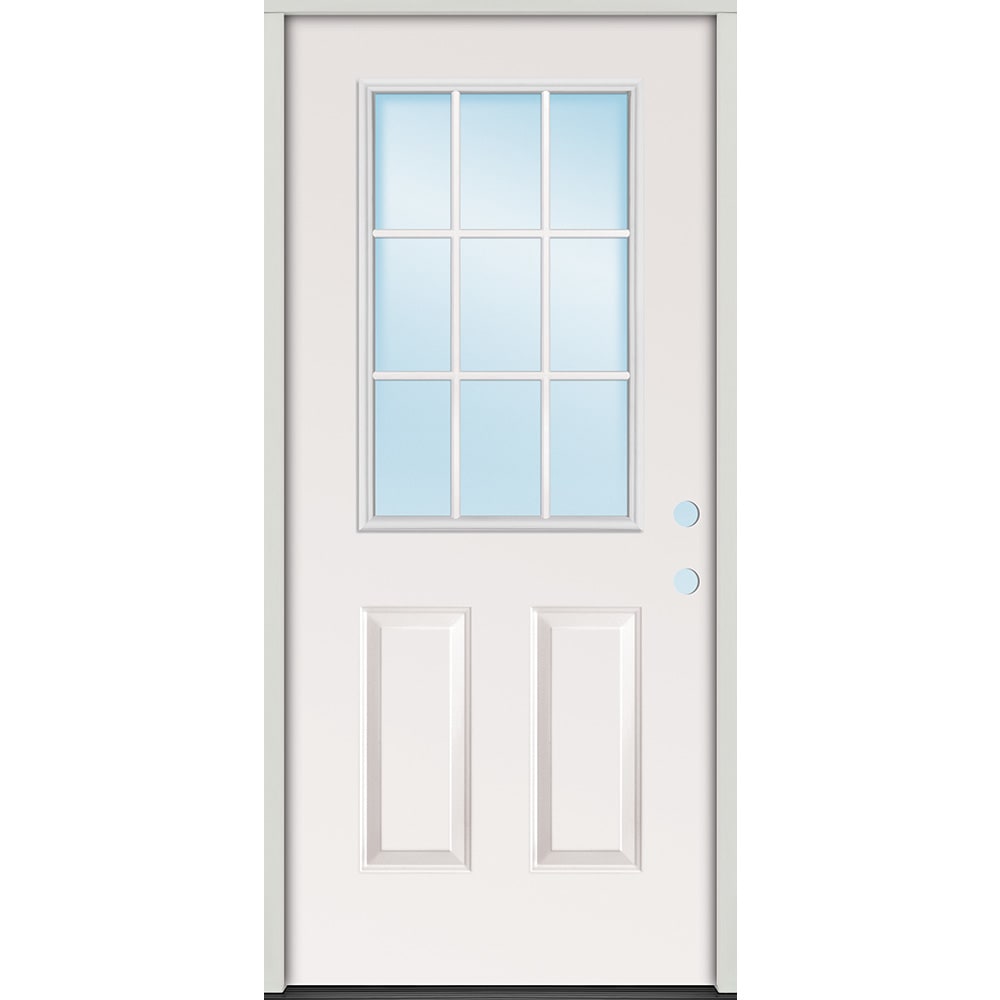 Energy efficient insulated exterior door unit. Completely assembled in primed wood frame with full weatherstripping and fixed sill. 45320074 36 9 Lite Prehung Exterior Steel Door Unit Left Hand