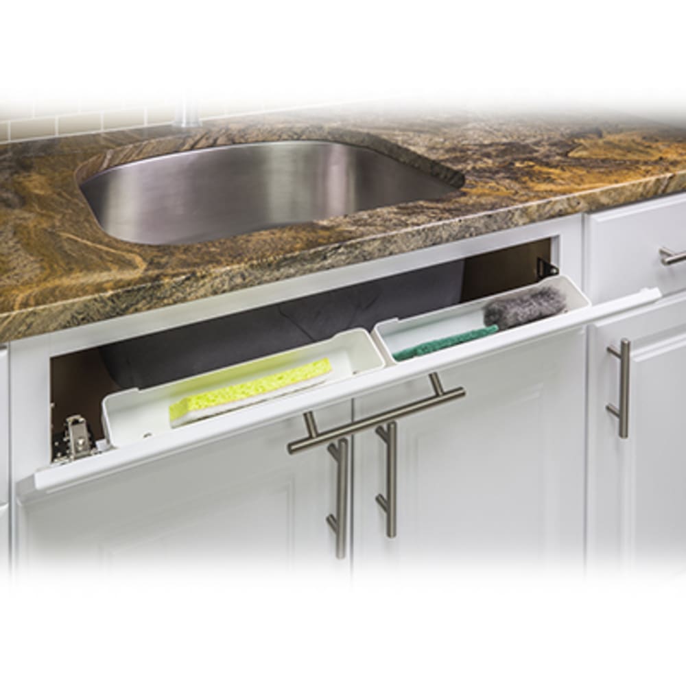 Tipout tray makes front of sink base a convenient way to hide sponges, abrasive pads, strainer baskets, etc. out of everyday view and keep 5049037 Sink Front Cabinet Storage Tipout Tray 14 wide White