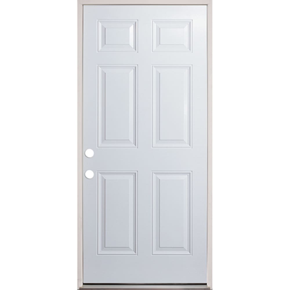 Energy efficient insulated exterior door unit. Completely assembled in primed wood frame with full weatherstripping and fixed sill. 45320131 32 Raised Panel Prehung Exterior Fiberglass Door Unit Right Hand