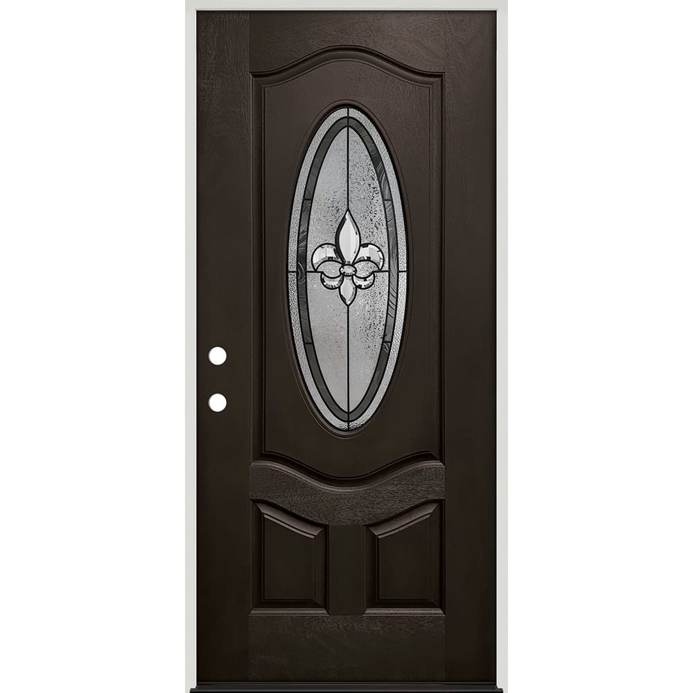 Oval Insulated Glass Insert And Decorative Patina (Black)Caming Pattern; Right Hand. Ready to install. Completely assembled with 4-9/16" 45320029 36 Prefinished Prehung Fiberglass Exterior Door Unit Right Hand