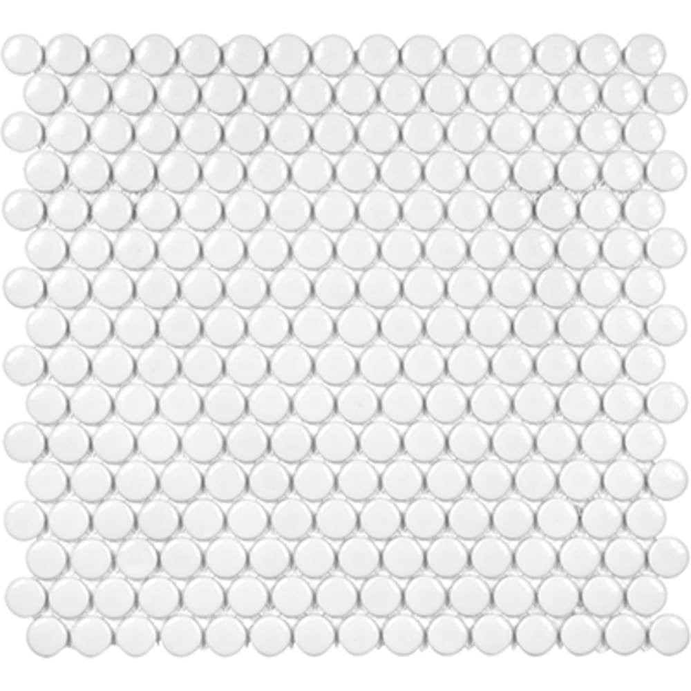 Penny round glossy White porcelain mosaic tile can be used on walls for a fresh, clean look. Perfect for kitchen backsplashes and bathrooms 5534016 Soho 3 4 Glossy White Penny Round Mosaic Tile