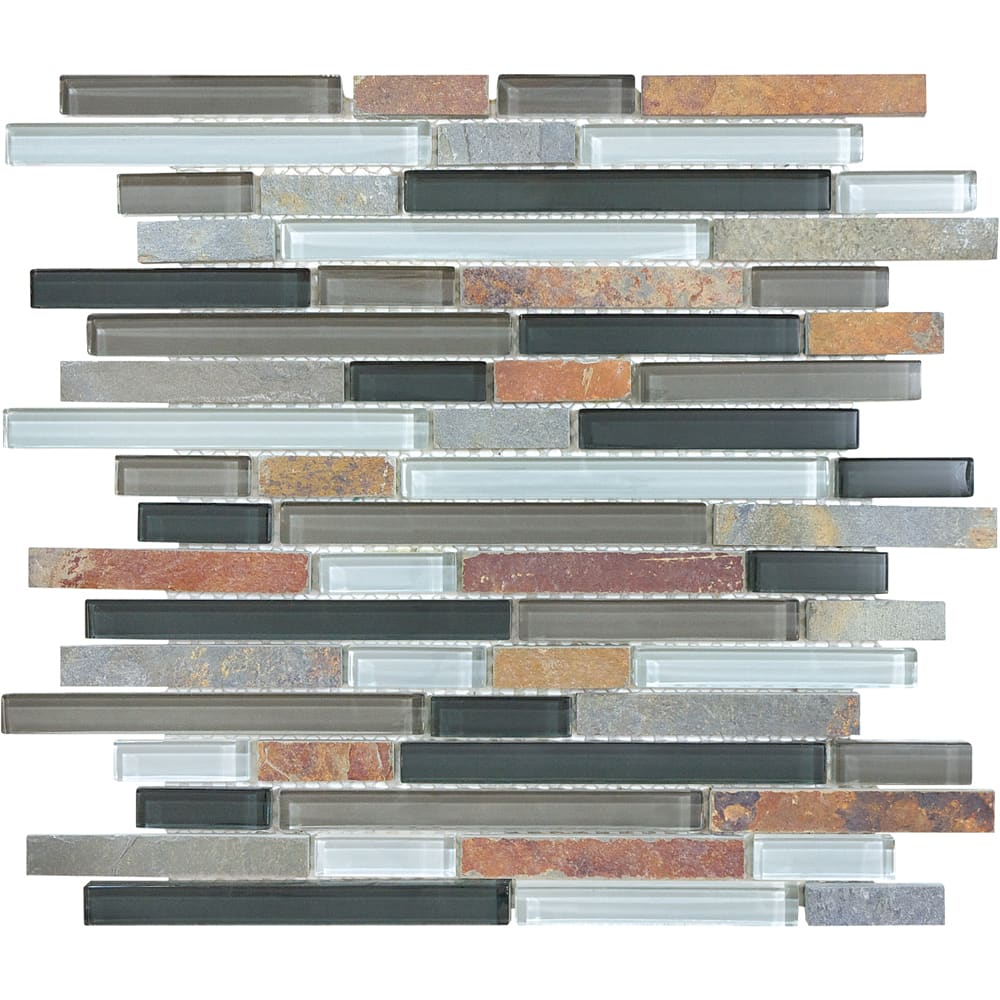 Slate stone and multi color glass strips in a linear design on a mesh backing Use as a kichen backsplash or other areas of the home 5536503 Flooring, Natural Stone